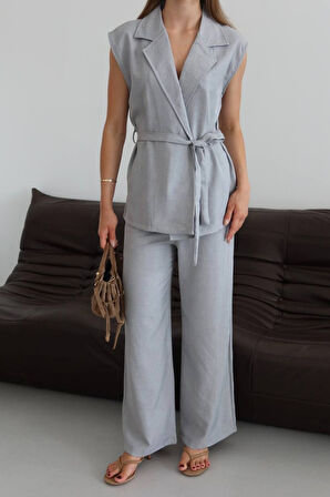 Balenbi Kadın Kuşaklı Yelek Palazzo Keten Takım 1097