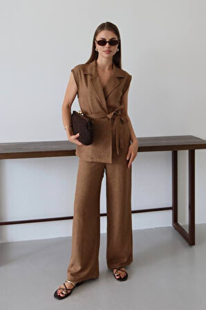 Balenbi Kadın Kuşaklı Yelek Palazzo Keten Takım 1097