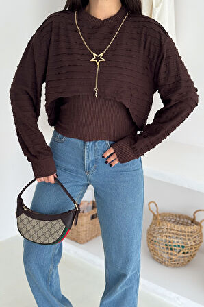 Kadın Dokulu Atlet & Kolye & Sweatshirt Takım – Sıcak & Şehirli Stil