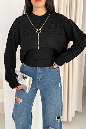 Kadın Dokulu Atlet & Kolye & Sweatshirt Takım – Sıcak & Şehirli Stil