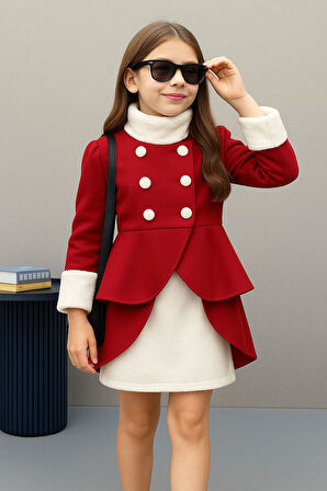 Kaşe 3'lü Set Kaşe Kaban - Kaşe Etek - Tak Çıkar Boyunluk - 4/14 Yaş - 31512