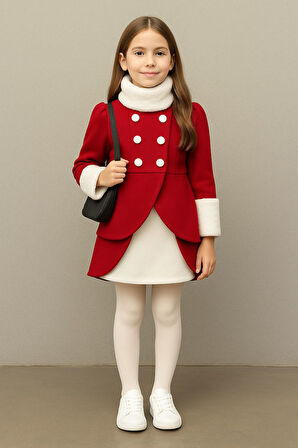 Kaşe 3'lü Set Kaşe Kaban - Kaşe Etek - Tak Çıkar Boyunluk - 4/14 Yaş - 31512