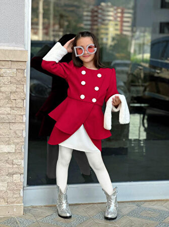 Kaşe 3'lü Set Kaşe Kaban - Kaşe Etek - Tak Çıkar Boyunluk - 4/14 Yaş - 31512