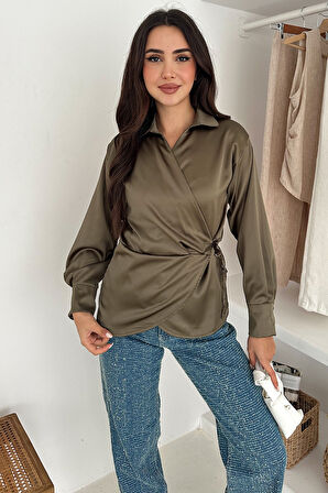 Kadın Saten Yan Bağlamalı Kruvaze Gömlek – Akışkan & Şehirli Stil