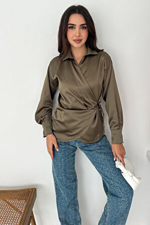 Kadın Saten Yan Bağlamalı Kruvaze Gömlek – Akışkan & Şehirli Stil