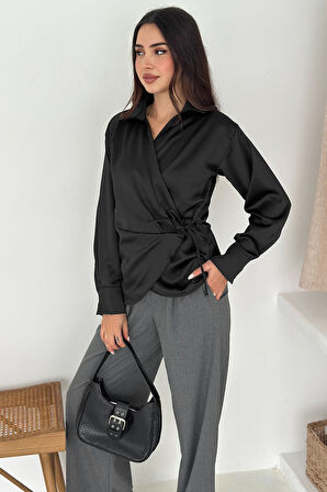 Kadın Saten Yan Bağlamalı Kruvaze Gömlek – Akışkan & Şehirli Stil