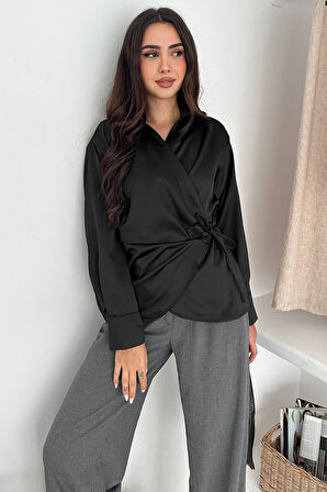 Kadın Saten Yan Bağlamalı Kruvaze Gömlek – Akışkan & Şehirli Stil