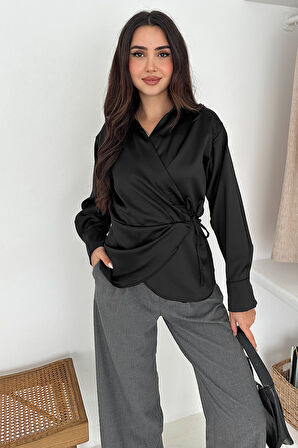 Kadın Saten Yan Bağlamalı Kruvaze Gömlek – Akışkan & Şehirli Stil