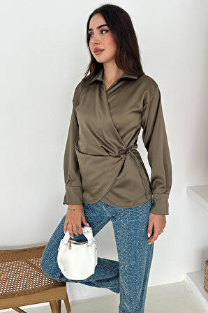 Kadın Saten Yan Bağlamalı Kruvaze Gömlek – Akışkan & Şehirli Stil