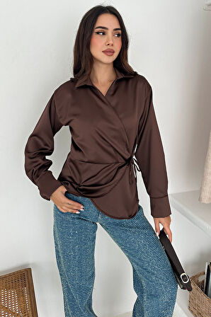 Kadın Saten Yan Bağlamalı Kruvaze Gömlek – Akışkan & Şehirli Stil