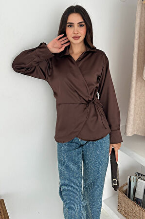 Kadın Saten Yan Bağlamalı Kruvaze Gömlek – Akışkan & Şehirli Stil