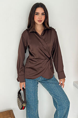 Kadın Saten Yan Bağlamalı Kruvaze Gömlek – Akışkan & Şehirli Stil