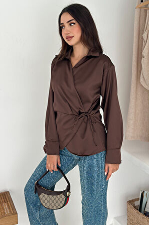 Kadın Saten Yan Bağlamalı Kruvaze Gömlek – Akışkan & Şehirli Stil