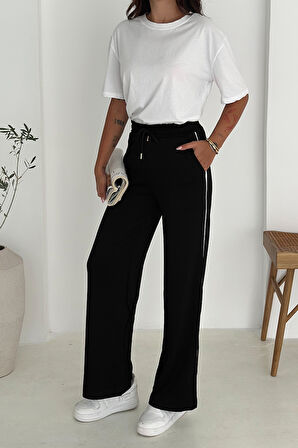 Kadın Lastikli Bel Bağcıklı Bol Paça Pantolon – Rahat & Minimal Stil