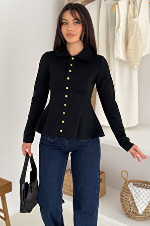 Kadın Altın Düğmeli Peplum Gömlek – Güçlü & Şehirli Stil