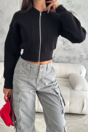 Kadın Fermuarlı Fit Cropped Sweatshirt – Sportif & Şehirli Stil