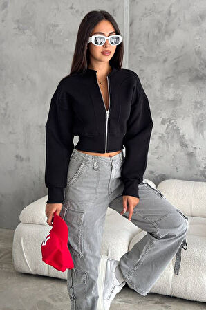 Kadın Fermuarlı Fit Cropped Sweatshirt – Sportif & Şehirli Stil