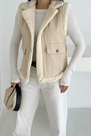 Kadın Peluş Kenarlı Cepli Yelek – Kontrastlı & Kışlık Stil