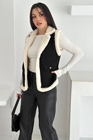 Kadın Peluş Kenarlı Cepli Yelek – Kontrastlı & Kışlık Stil