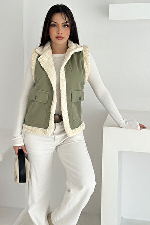 Kadın Peluş Kenarlı Cepli Yelek – Kontrastlı & Kışlık Stil