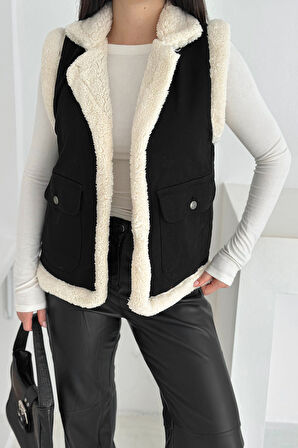 Kadın Peluş Kenarlı Cepli Yelek – Kontrastlı & Kışlık Stil