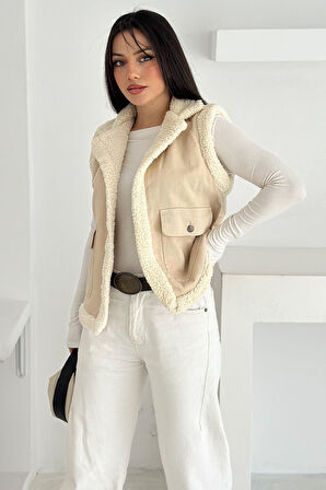 Kadın Peluş Kenarlı Cepli Yelek – Kontrastlı & Kışlık Stil