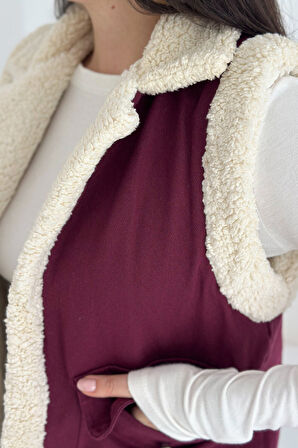 Kadın Peluş Kenarlı Cepli Yelek – Kontrastlı & Kışlık Stil