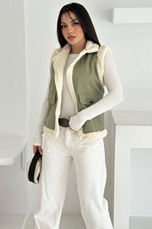 Kadın Peluş Kenarlı Cepli Yelek – Kontrastlı & Kışlık Stil