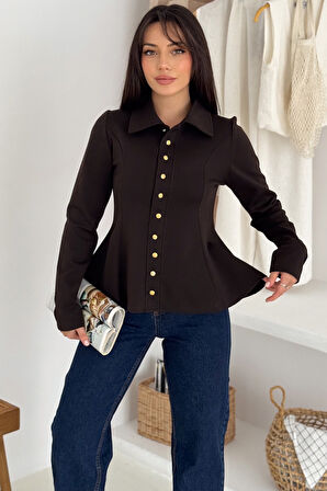 Kadın Altın Düğmeli Peplum Gömlek – Güçlü & Şehirli Stil