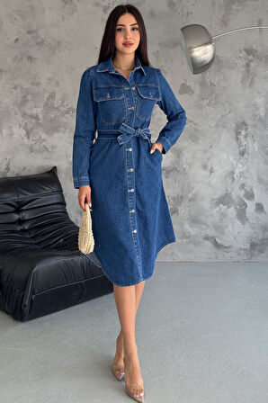 Kadın Kuşaklı Düğmeli Denim Elbise – Yapılandırılmış & Şehirli Stil