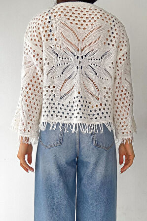 Kadın Yaprak Desenli Püsküllü Triko Hırka – Bohem & Hafif Stil