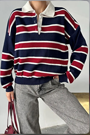 Kadın Çizgili Triko Kazak – Retro & Kampüs Stili