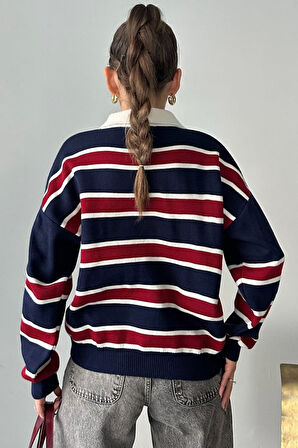 Kadın Çizgili Triko Kazak – Retro & Kampüs Stili