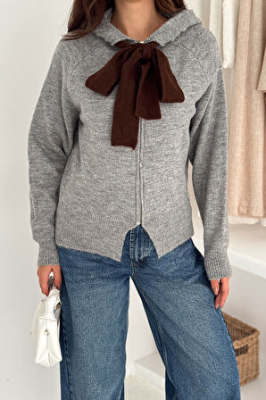 Kadın Fermuarlı Fiyonk Detaylı Triko Ceket – Pointed Hem Tasarım