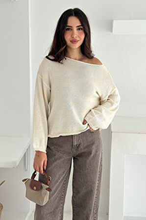 Kadın Omuz Açık Salaş Triko Kazak – Soft Elegance