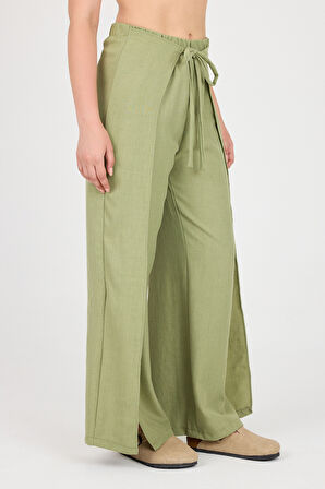 Bağlama Detaylı Yırtmaçlı Keten Şalvar Pantolon