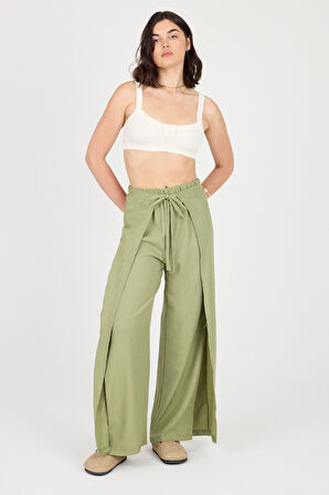 Bağlama Detaylı Yırtmaçlı Keten Şalvar Pantolon