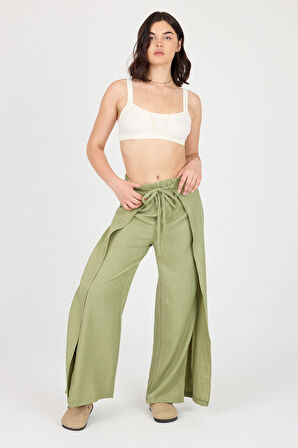 Bağlama Detaylı Yırtmaçlı Keten Şalvar Pantolon