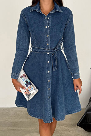 Kadın Kuşaklı Düğmeli Denim Elbise – Timeless Fit