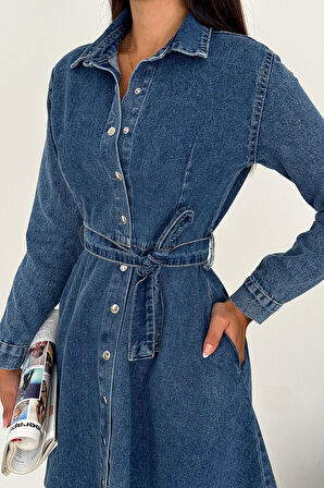 Kadın Kuşaklı Düğmeli Denim Elbise – Timeless Fit