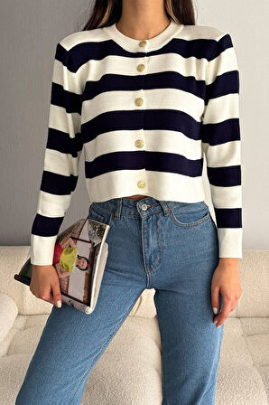 Kadın Çizgili Altın Düğmeli Triko Hırka – Parisian Line