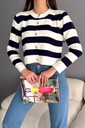 Kadın Çizgili Altın Düğmeli Triko Hırka – Parisian Line