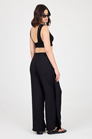 Bağlama Detaylı Yırtmaçlı Keten Şalvar Pantolon