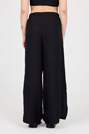 Bağlama Detaylı Yırtmaçlı Keten Şalvar Pantolon