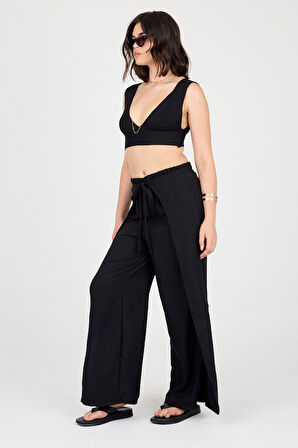 Bağlama Detaylı Yırtmaçlı Keten Şalvar Pantolon