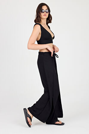 Bağlama Detaylı Yırtmaçlı Keten Şalvar Pantolon