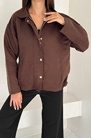 Kadın Fermuarlı Altın Düğmeli Mont– Structured Style