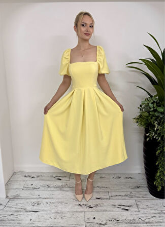 Yaka kenarı ve Kol Ağzı Lastikli Balon Kol Eteği Pileli Midi Elbise