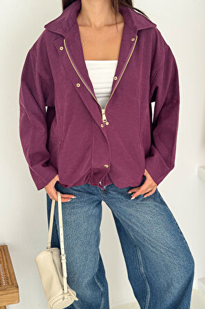 Kadın Fermuarlı Altın Düğmeli Mont– Structured Style