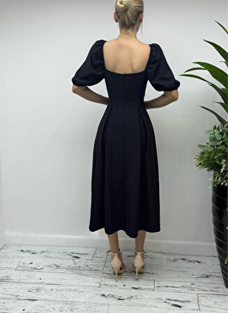 Yaka kenarı ve Kol Ağzı Lastikli Balon Kol Eteği Pileli Midi Elbise